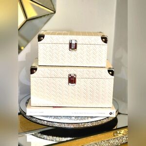 Elegant Off White Faux Leather Storage Boxes with Silver Hardware